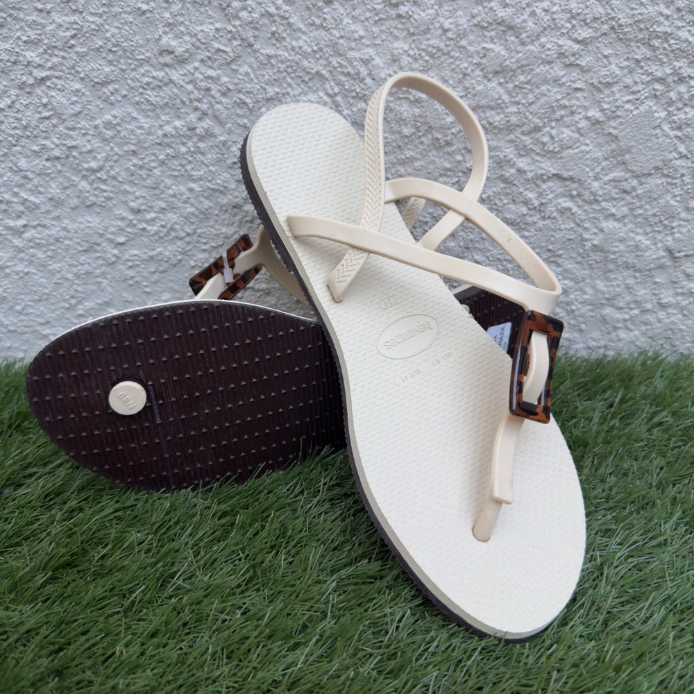 Havaianas You Parati Sandals Beige Tortoiseshell Buckle Flip Flops Size 9.5 39